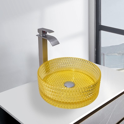 Modern Cylinder Glass Washing Basin Kabinet Kamar Mandi Tenggelam Warna Kuning Transparan