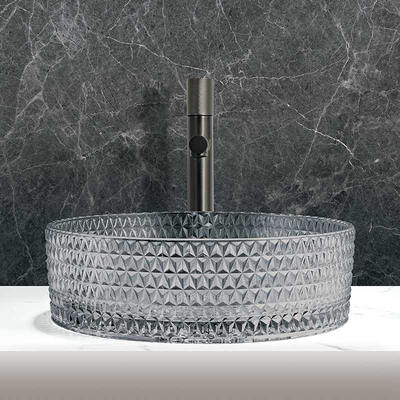 Countertop Mounted Glass Wash Bowl Wastafel Kamar Mandi Warna Abu-abu Ligth Transparan