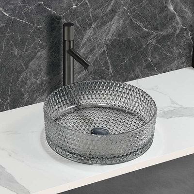 Countertop Mounted Glass Wash Bowl Wastafel Kamar Mandi Warna Abu-abu Ligth Transparan