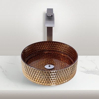 Kitchen Countertop Mounted Glass Wash Basin In Electroplated Coating Warna Emas Inggris