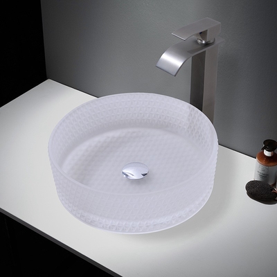 Cylinder Shape Glass Wash Basin Dengan Pusat Tiriskan Lokasi Acid Matt Glass Vessel Basins