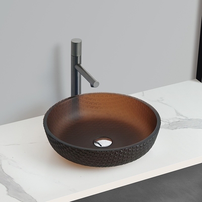Matt Gold Tea Round Glass Wash Basin Dengan 45mm 1.75 Inch Drain Hole Mudah Untuk Membersihkan Vas Sink