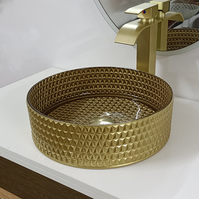 Round Gold Glass Vessel Sink Diamond Table Top Bowl Wastafel Kristal Kamar Mandi